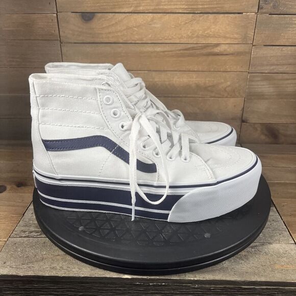VANS Sk8-Hi Tapered Womens Size 8 Platform Shoes White Canvas Navy Sneakers - Picture 1 of 10